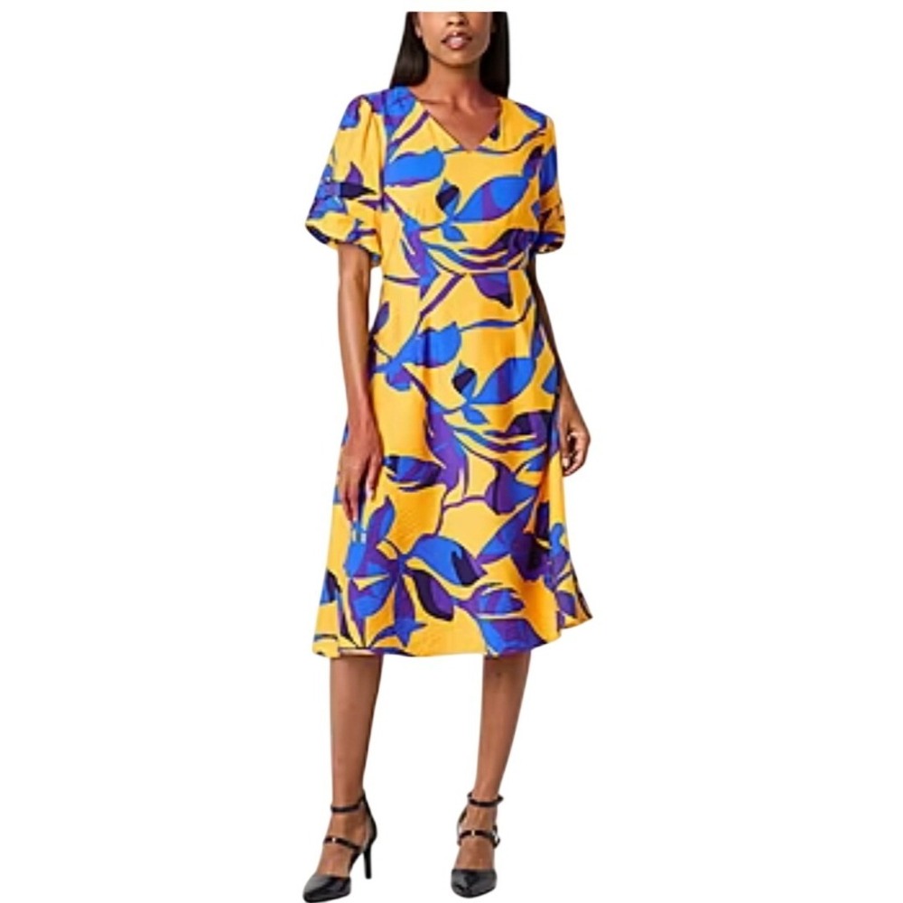 Liz Claiborne Marigold Floral V‎ Neck Short Sleeve Midi Dress Size 8 New NWT